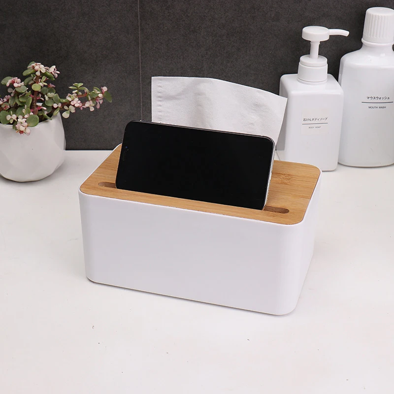 

Fashion Wooden + Plastic Tissue Box Wooden Cover Phone Holder Napkin Box Removable Home Office Storage Box Home Tools Decoration