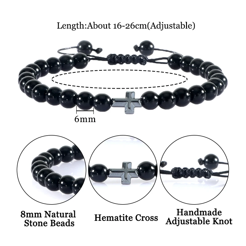 6MM Natural Stone Beads Braided Bracelet Prayer Christian Jesus Hematite Cross Bracelets Bangles Women Men Healing Yoga Jewelry