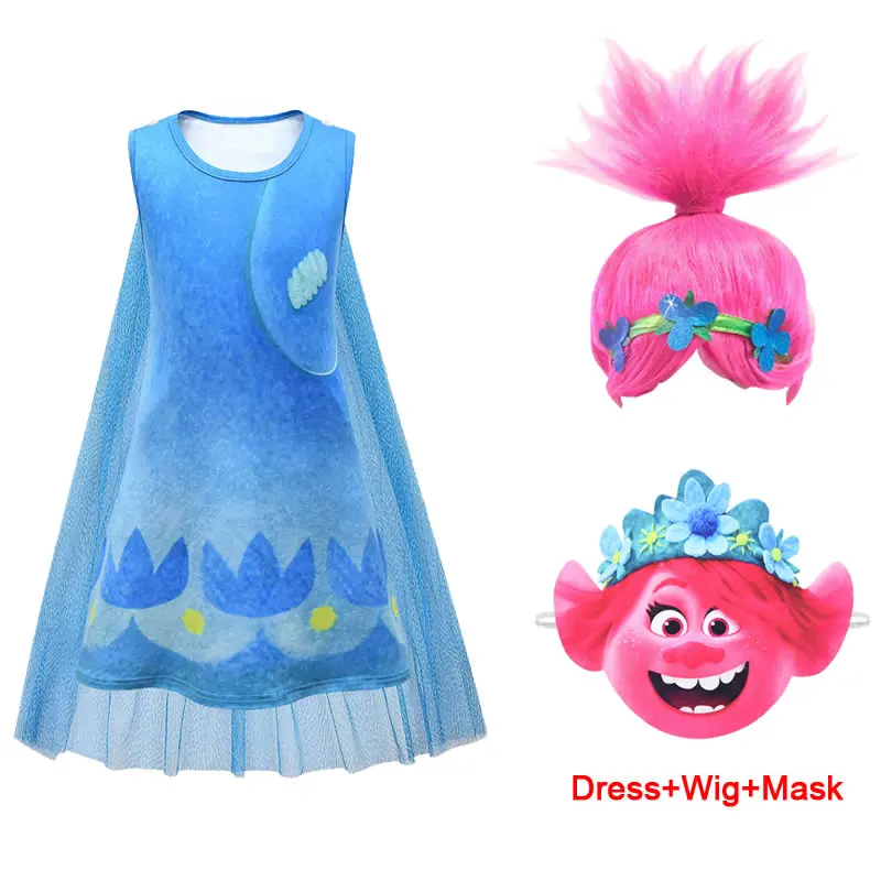 Trolls 2 Costume For Girl Dress Summer Halloween Kid Poppy Lace Princess Party Frock Child Up Disguise Cosplay Tunic Cloth Wig 8