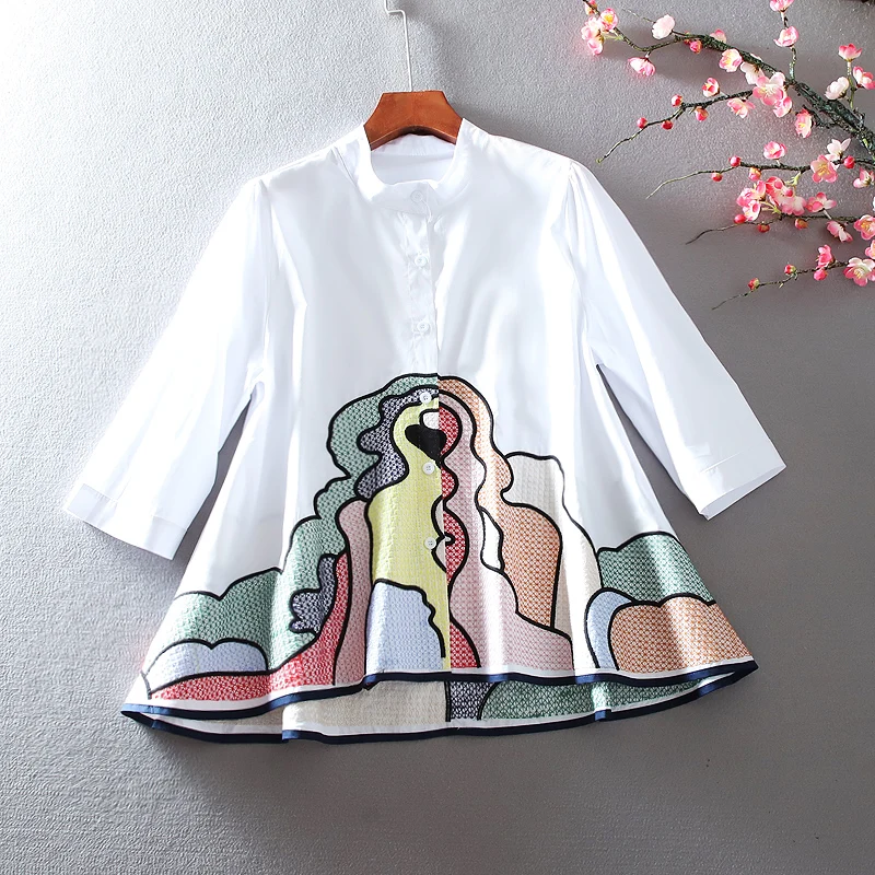 Spring and Summer New Shirts for Women Loose Embroidery A- Line Female Clothing Cotton Blouse Tops Blusas