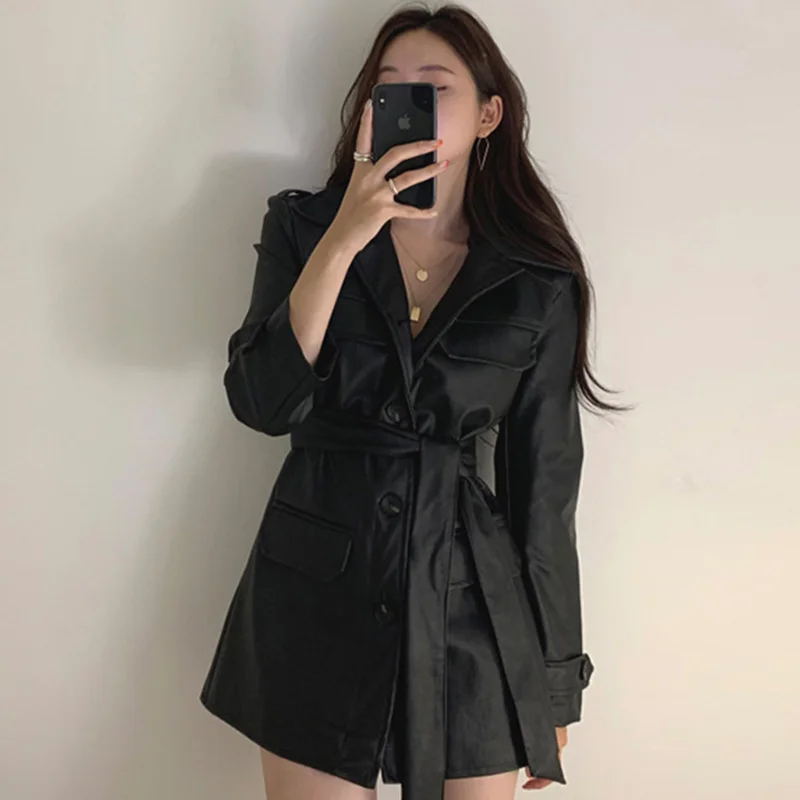 Korean Temperament Lapel Single Breasted Multi Pocket Lace Up Waist Long Sleeve Medium Long Leather Coat Women 2021  N115