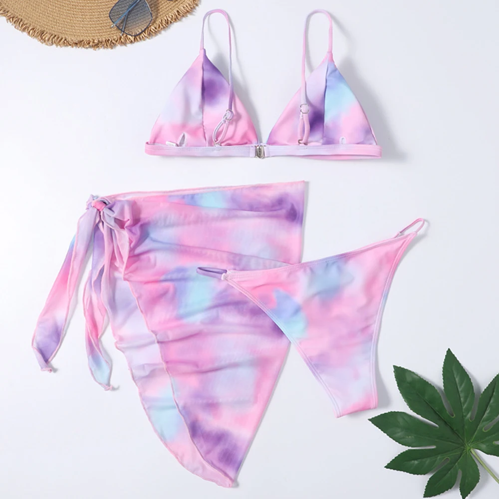 2024 nowy seksowny trzyczęściowy zestaw Bikini Tie-Dye stroje kąpielowe damskie kostium kąpielowy damski Bikini z pareo kostium kąpielowy plażowymi