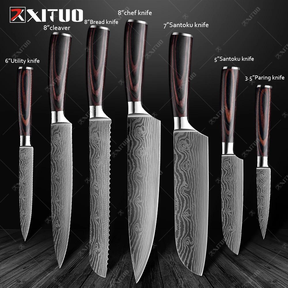 Kitchen Chef Knife Set 1-7PCS Super Sharp Knife Laser Damascus Pattern Cleaver Cooking Knives For Fruit Vegetable Meat, bread,