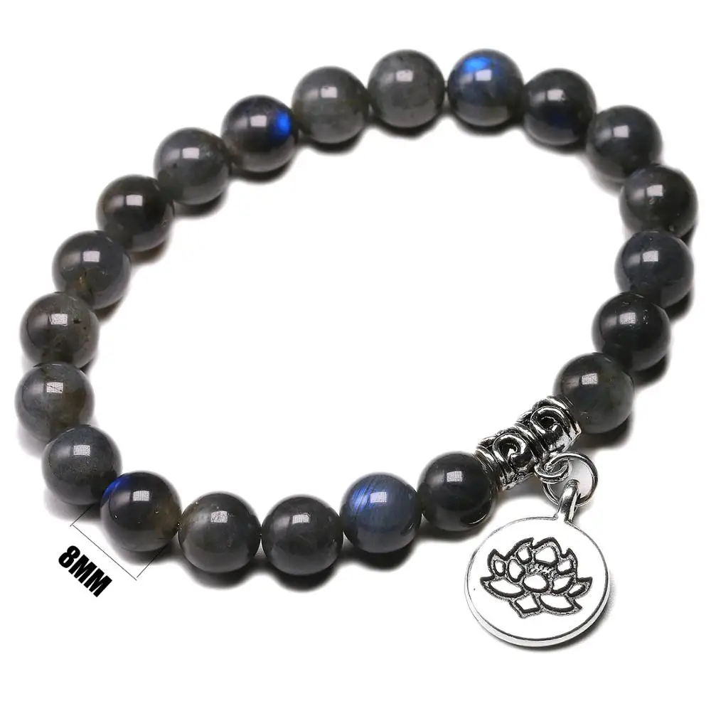 Natural AAA India Labradorite Beads Bracelet 8mm Lucky Gray Blue Stone Women Men Bracelets Lotus Charm Jewelry Dropship