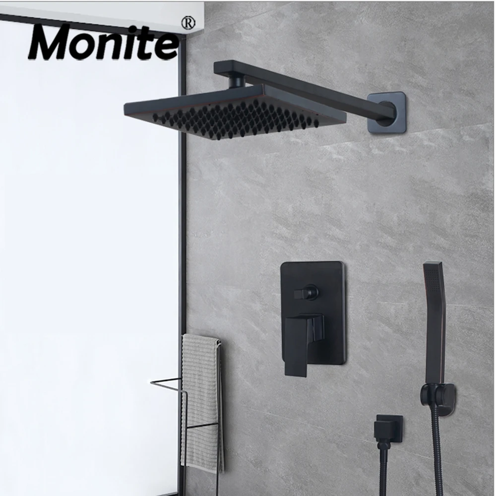 

Monite ORB Black Bathroom Rainfall Shower Faucet Set Wall Mounted 8 Inch Bathtub Mixer Rainfall Shower Head & Hand Shower Set