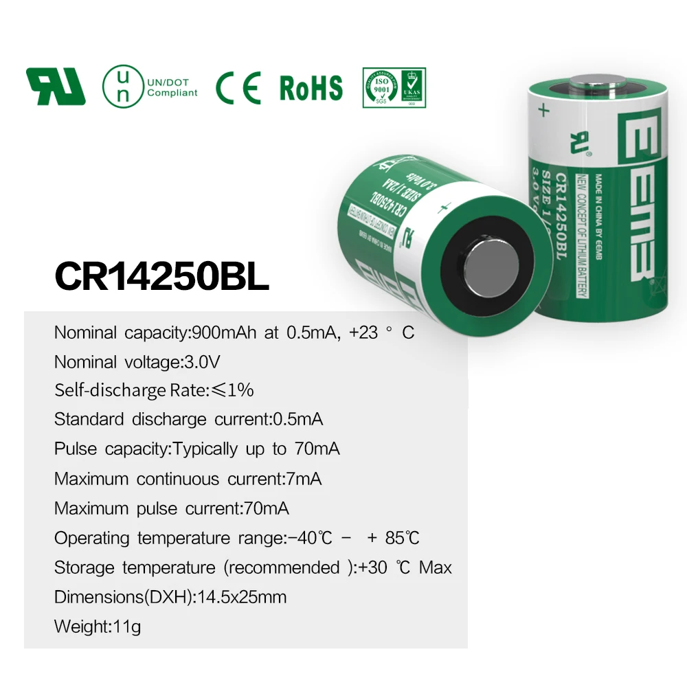 EEMB 3V CR14250 Battery with VBR Solder Tabs  3V 1/2 AA Battery 900mAh Lithium Battery with Tabs Non-Rechargeable Batteries