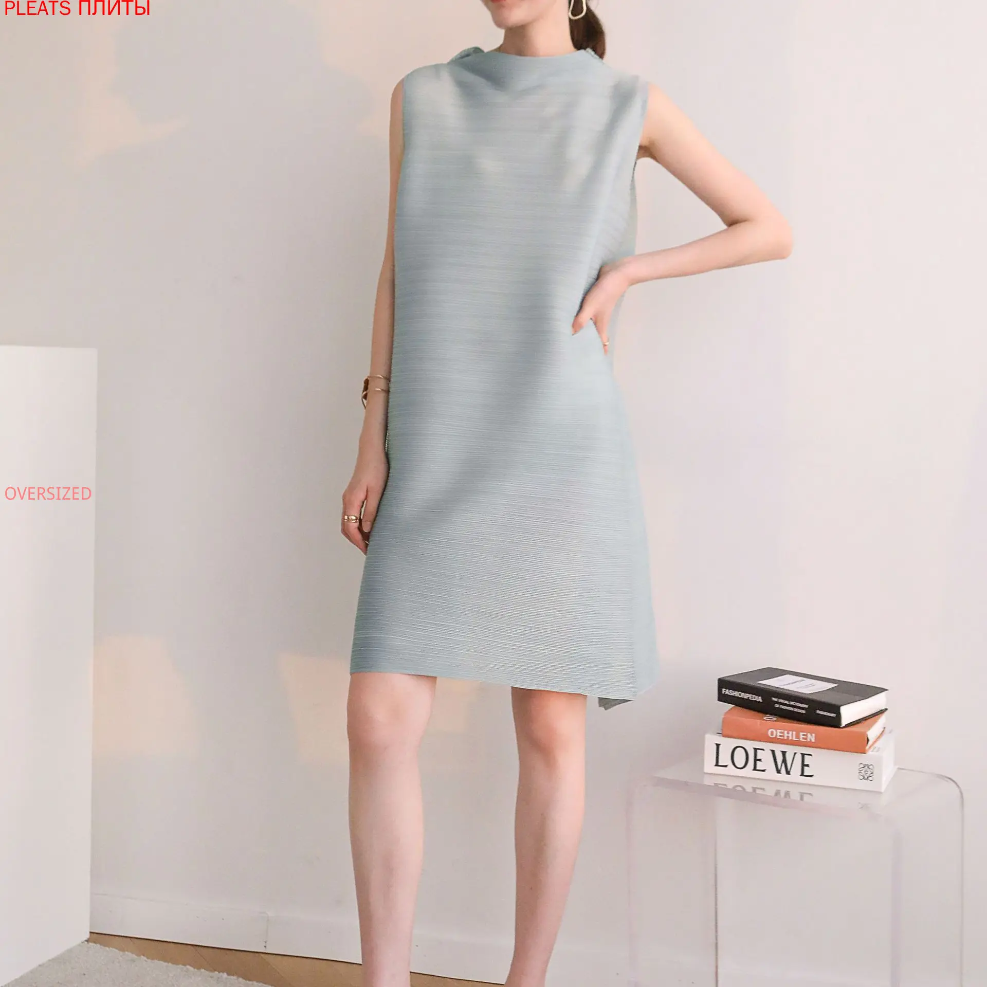 

Miyake Folds Summer Youth Beautiful Pure Color Loose Sleeveless Dress Pleats Vestido De Mujer Robes Robe Femme Vestidos