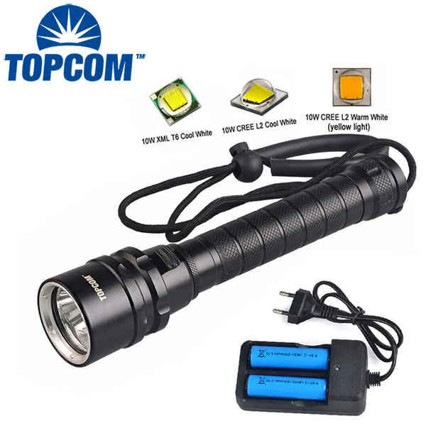 Topcom IP68 Professional Diving Flashlight Scuba Safety Underwater Torch Light With Non-slip Rope Power By 18650 Battery