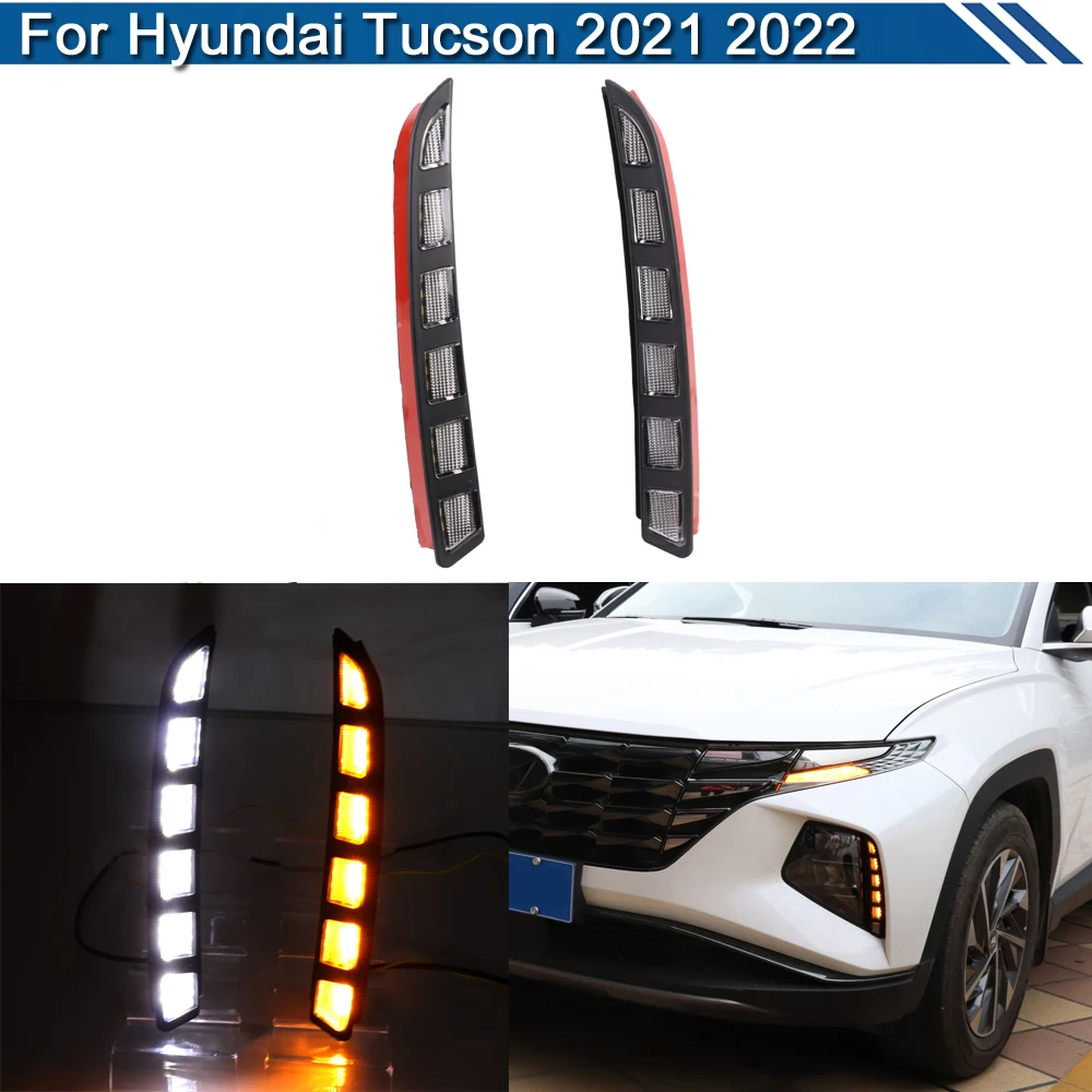 

2Pcs LED Fog Warning Lamp For Hyundai Tucson 2021 2022 White DRL Daytime Light Blue Night Driving Light Turn Signal Lights