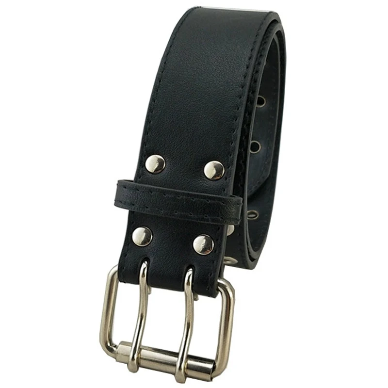 JNKET Punk Double Pin Buckle Men\'s Belt Grommet Rivets Waist Belt PU Leather Waist Strap Fashion Casual Jeans Rock Belt