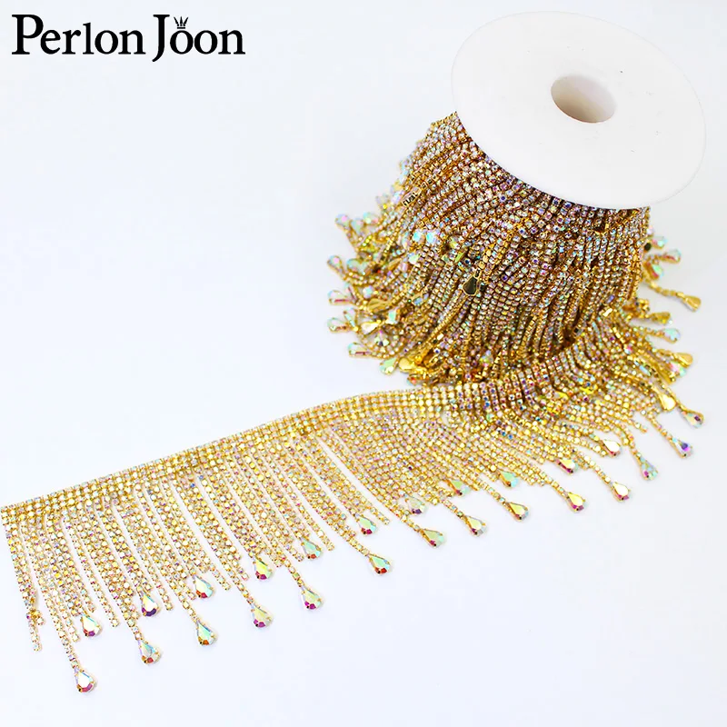 Hot sale good quality silver plating DIY fringe chain AB rhinestone Water drop tassel trim sew on crystal glass decoration ML124