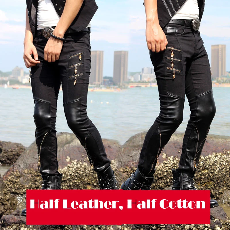 Idopy Fashion Men`s Casual Faux Leather Pants Cotton Patchwork Zippers Black Punk Slim Fit Party PU Trousers For Male