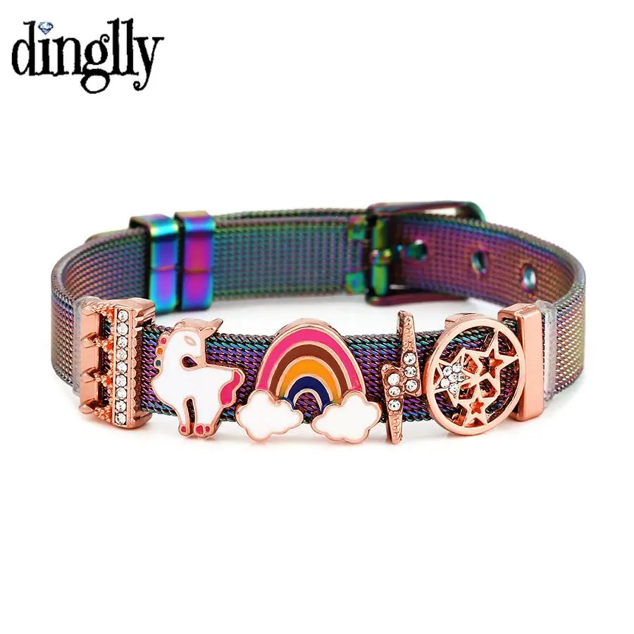 Hip Hop Style Stainless Steel Mesh Bracelets For Women Men Unicorn Rainbow Star Lightning Charm Watch Bracelet Jewelry Gift image 3