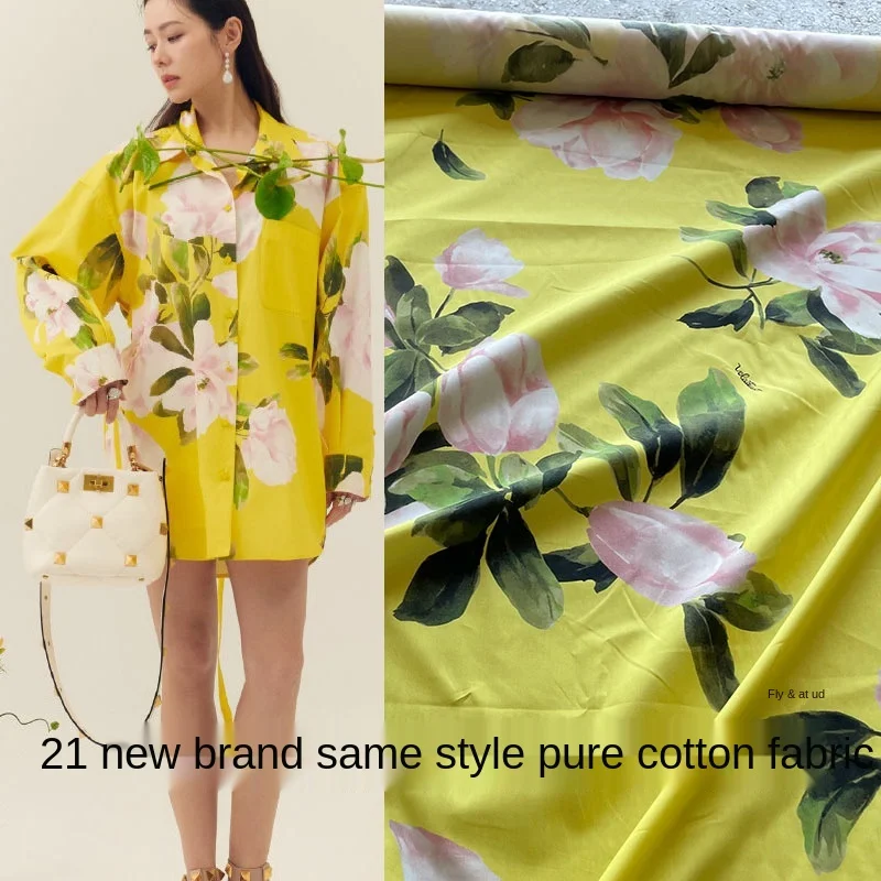 מותג טבעי אורגני 100% כותנה צהוב בהיר ורוד פרח מודפס פוליאסטר למתוח סאטן בד בד עבור שמלת על ידי מטר