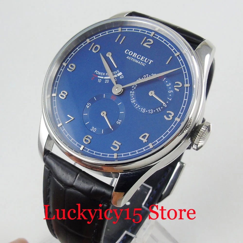 CORGEUT New 42mm Self Winding Men Wristwatch Power Reserve Indicator Date Function ST1780 Automatic Movement Silver Color Case