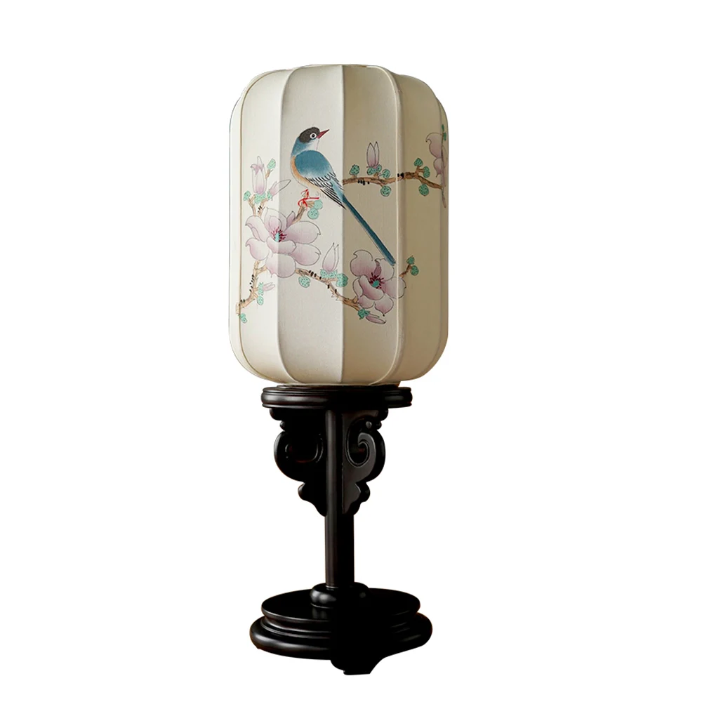 

Chinese Style Table Lamp Study Living Room Deco Bedroom Night Light With DIY Hand Painted Art Gift Flower Bird Fabric Lampshade