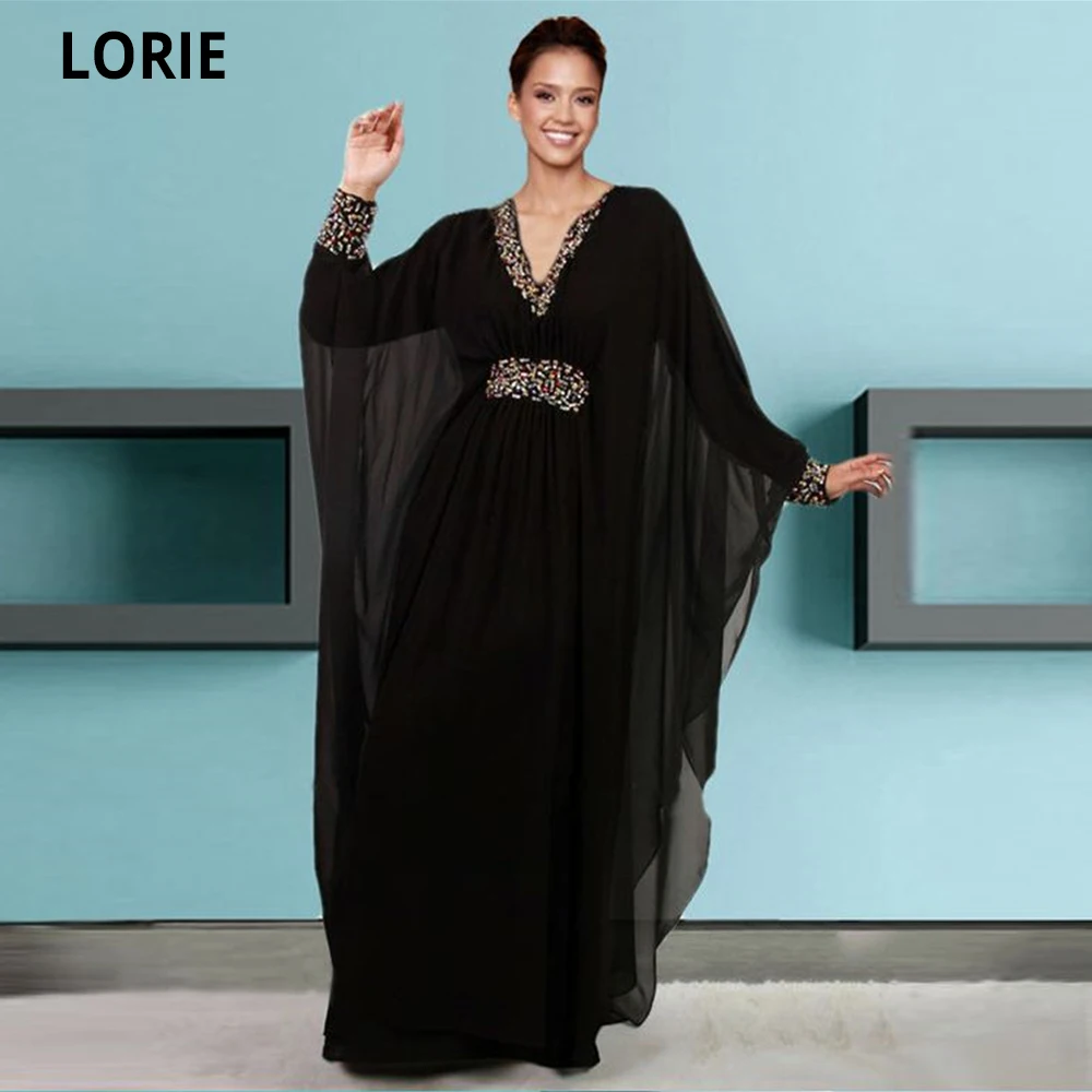 LORIE Beading Balck Evening Dresses Moroccan Caftan Dubai V-neck Long Sleeve Chiffon Kaftan Robe Prom Party Gowns Plus Size 2024