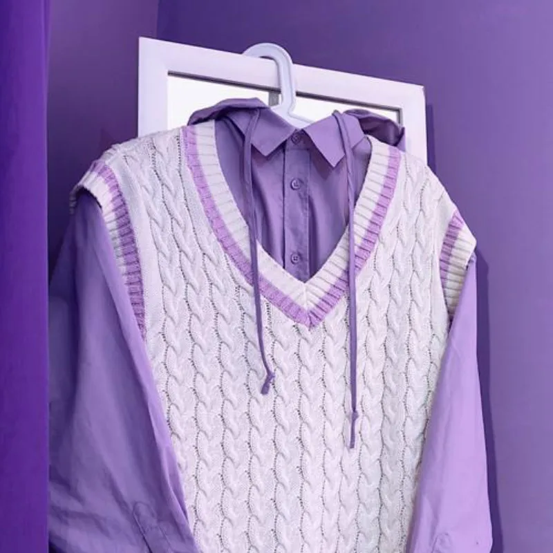 Sweater Vest Women Lovely Purple Korean Popular V-neck Teens Twisted  All-match Autumn Fashion Femme Sleeveless Knitwear