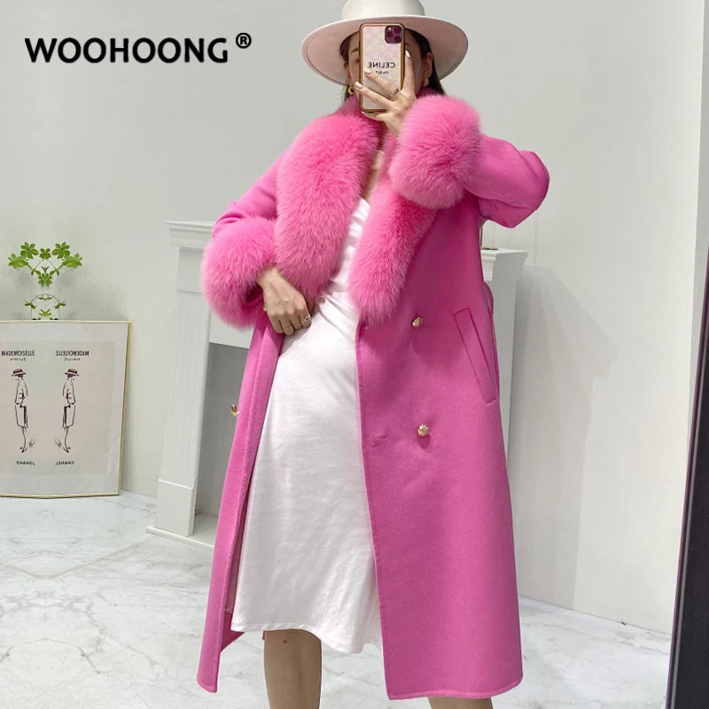 

X-long Wool Blends Real Fur Coat Belt Winter Jacket Women Natural Fox Fur Collar Cuffs Streetwear