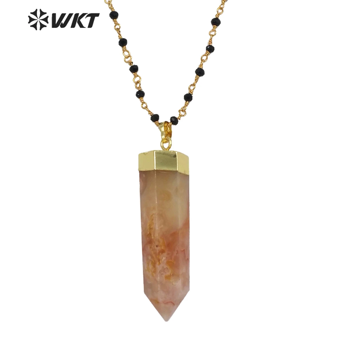 WT-N1294 Wholesale Long Hexagona Shape Cherry Agates Stone Pendant Necklace Women Black Rosary Beads Agates For Summer