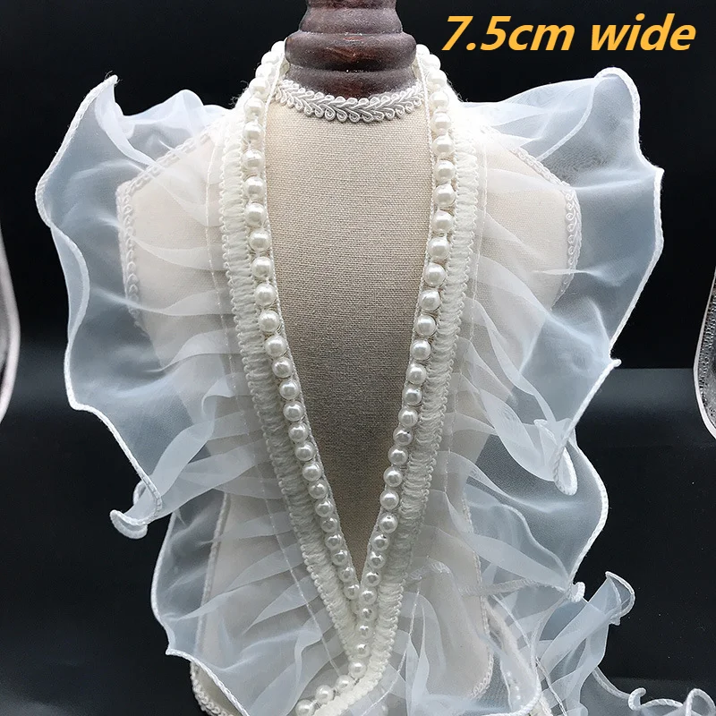 Low Price High Quality Organza Beaded 3D Ruffled Lace Fabric DIY Wedding Dress Skirt Lolita Fluffy Collar Sleeves Hem Decoration