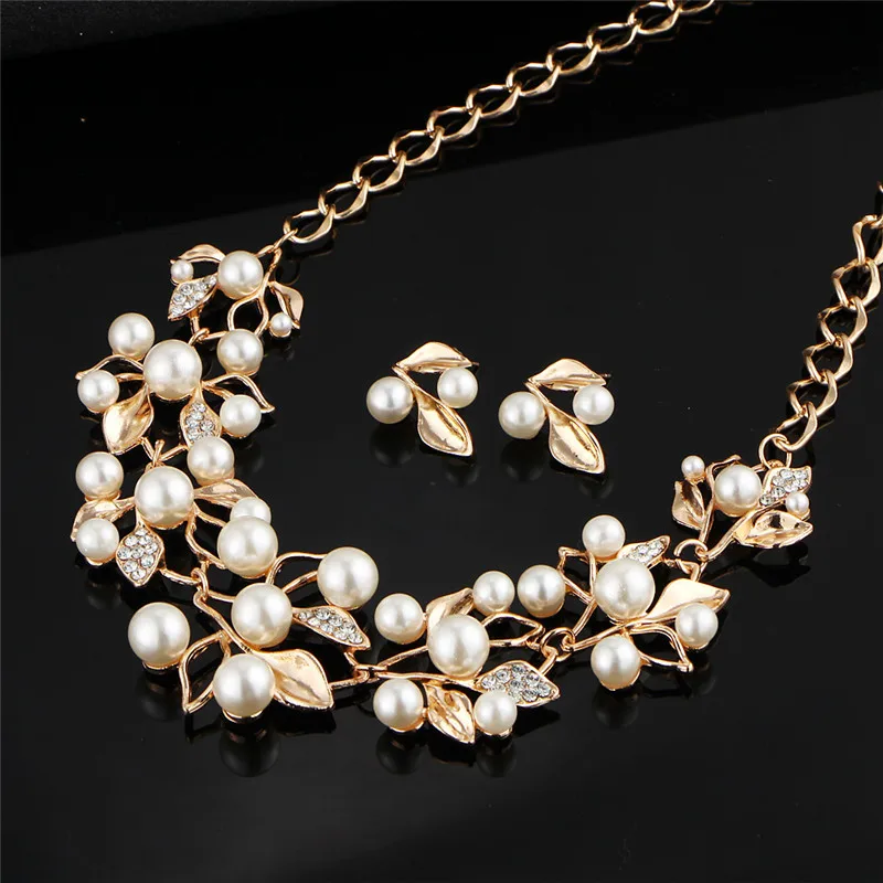 CC Necklace Drop Earrings Fashion Jewelry Sets 2pcs Imitation Pearl Mariage Fine Gift Wedding Elegant Crystal Leaf Shape YH162