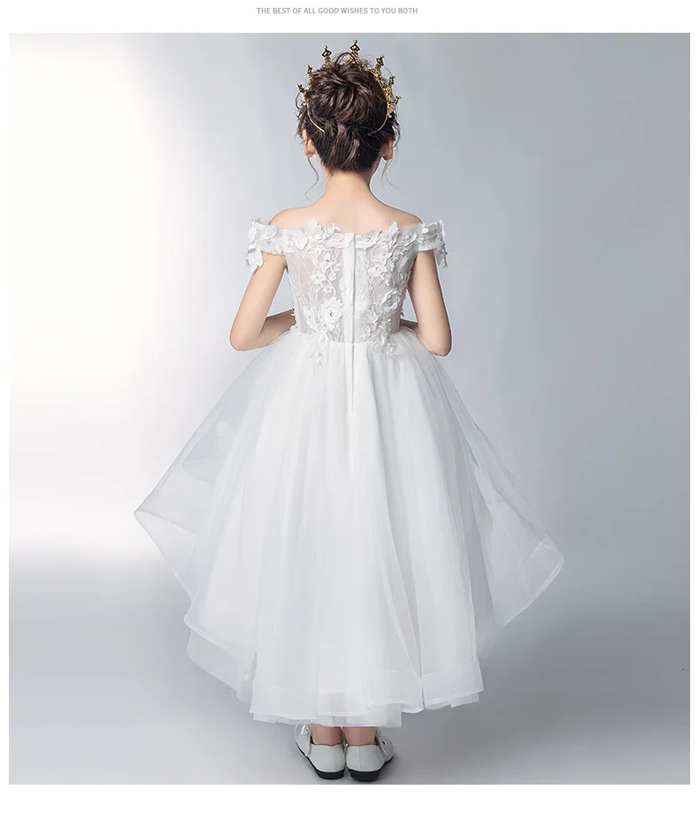 Girls Princess Dresses Off Shoulder White Tulle Flower Girl Dresses for Weddings Appliques Flowers Kids Party Communion Gowns