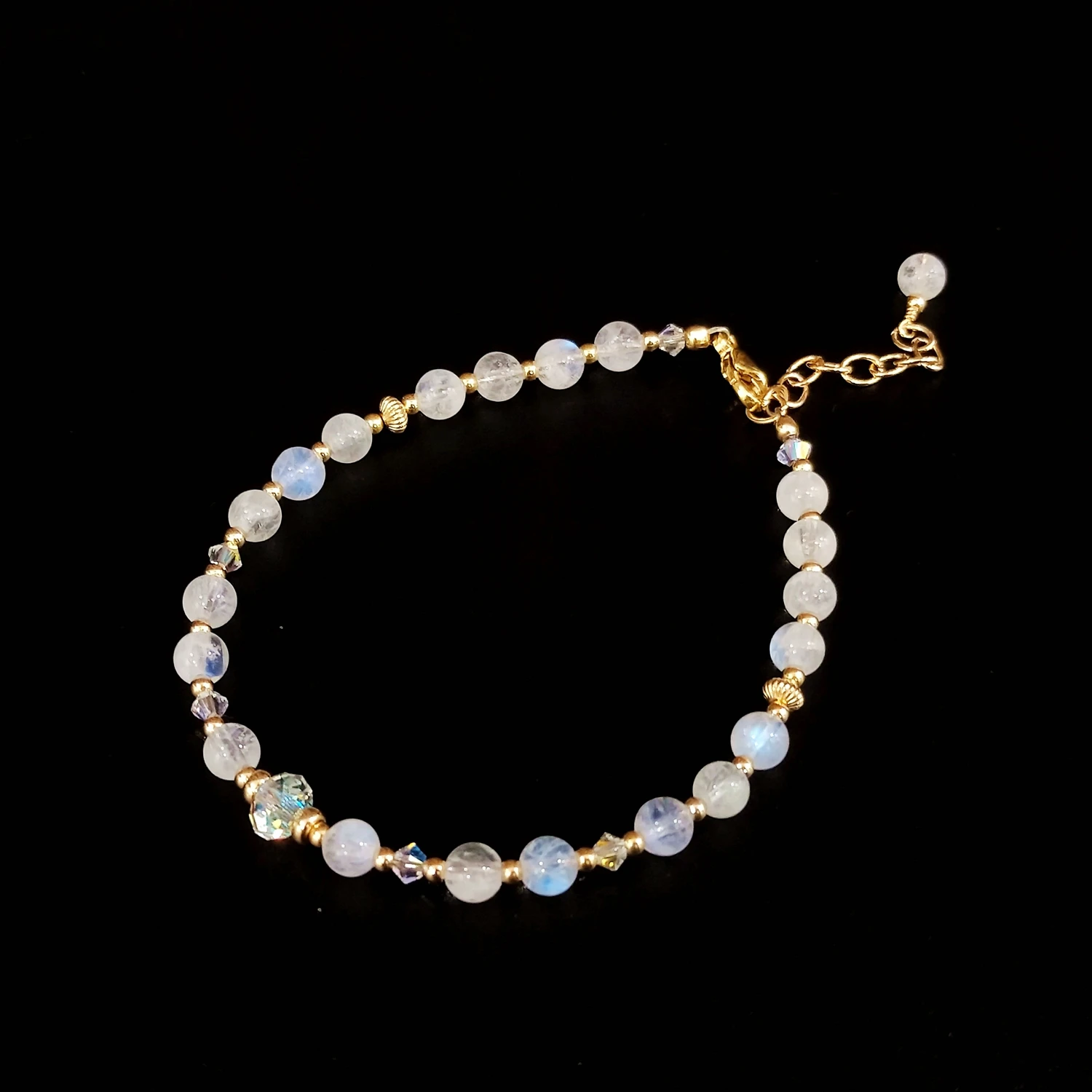 Lii Ji Moonstone Austrian Crystal 14K Gold Filled Bracelet 17+3cm Natural  4mm Stone Handmade Jewelry For Women Gift