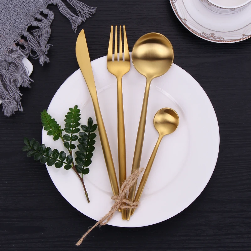 Matte Stainless Steel Gold Cutlery Set Tableware Knife Fork Tea Spoon Set Gift Cutlery Box Dinner Dinnerware Sets Dropshipping