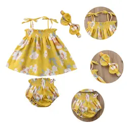 0-2T Baby Girl Floral Tops Newborn Yellow Floral Dress+Shorts Pants Girls Sleeveless Clothes 3PCS Set  Summer Outfits