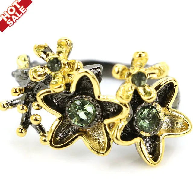 

27x17mm Bohemia Vintage Style Flowers Created Green Tsavorite Garnet For Women Black Gold Silver Rings Wholesale Drop Shipping