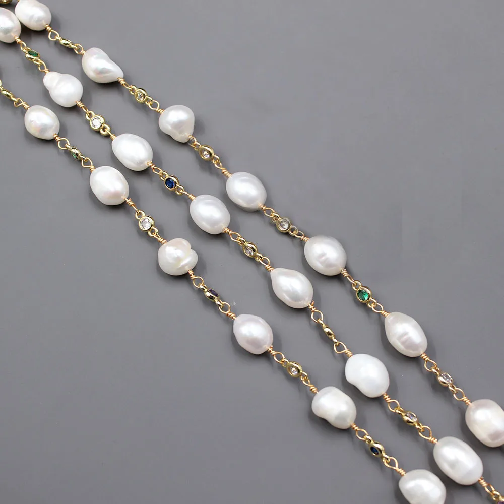 

1 Meter 11mm White Keshi Pearl CZ Gold Plated Copper Fashion Bezel Set Chain Paperclip Neck Chain Pearl Necklace Making