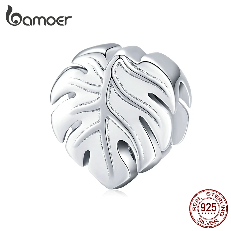 bamoer 925 Sterling Silver Metal Charm for Original Brand Bracelet & Bangle Plant Leaf Monstera Deliciosa Popular Jewelry BSC141