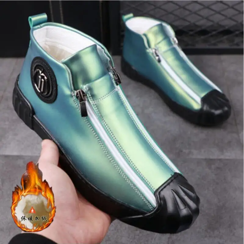 Verde tênis de rua do punk estilo britânico casual tornozelo botas homens alta superior zíper fundo preto sapatos plataforma plana para o sexo