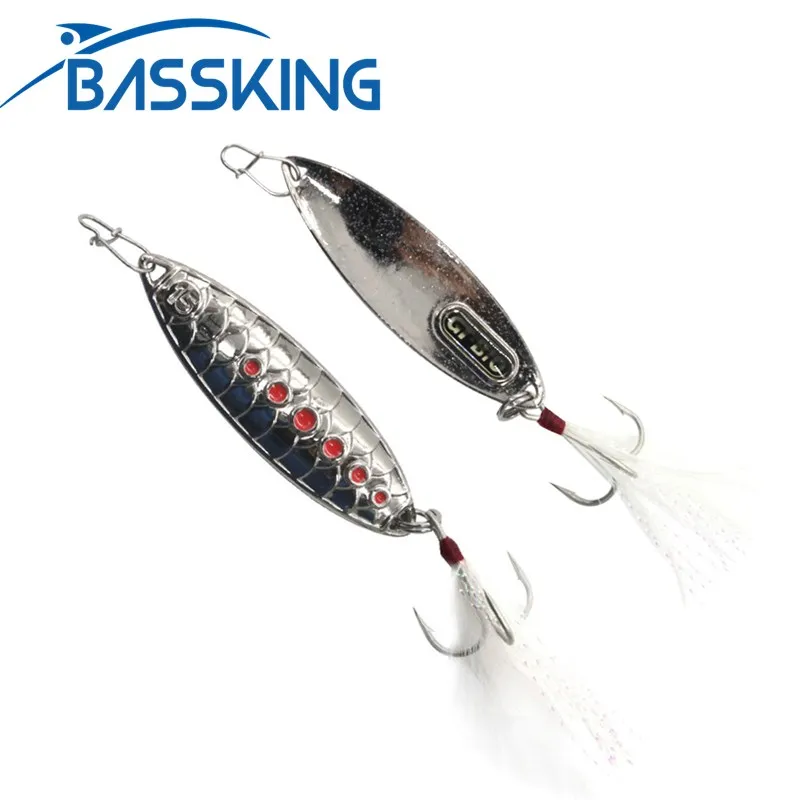 BASSKING High Quality 10g 15g Metal Spoon Bait Sequins With Feathers Treble Hook Artificial Bait Pesca Fishing Lure Bass Wobbler