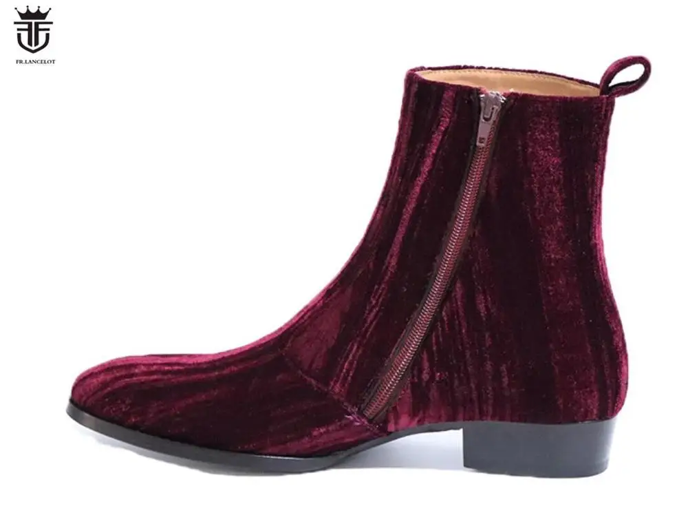 2020 new fashion men booties wine red Chelsea Boots zip up Boots point toe Men\'s party shoes heel 5cm velvet botas