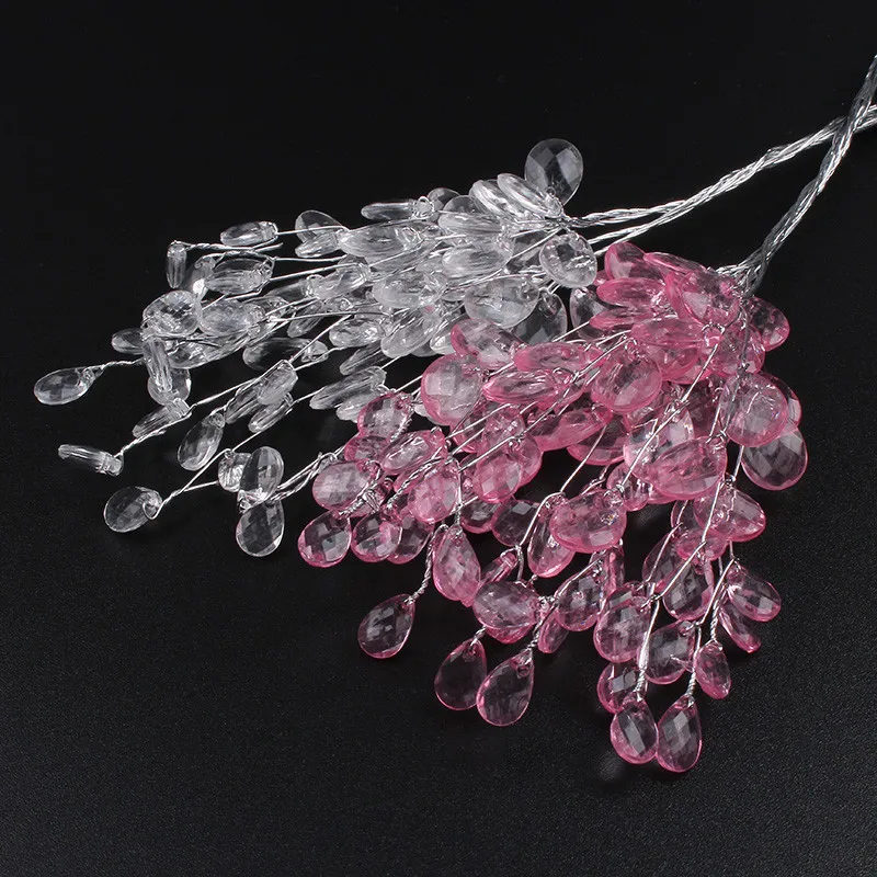 

100PCS Clear 3 Forks Acrylic Crystal Drop Beads Party Favors Spray Display Flowers Bouquet Wire Stems Wedding DIY Decorations
