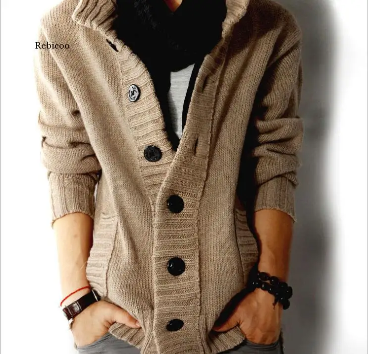 

New Sweater Cardigan Men Thick Sleeve Long Jacket Fashion Casual Slim Loose Collar Button Knit Solid Color Sweater for Men