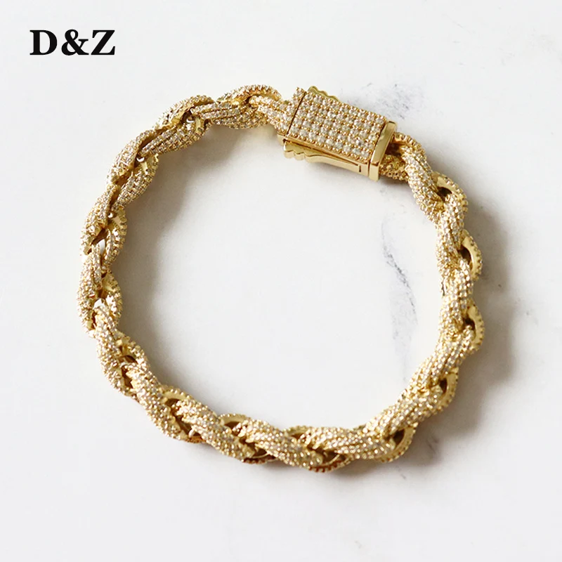 

D&Z New 8mm Rope Bracelet Spring Buckle Iced Out Bling Cubic Zircon Stones Twisted Rope Chain Bracelet For Men Hip Hop Jewelry