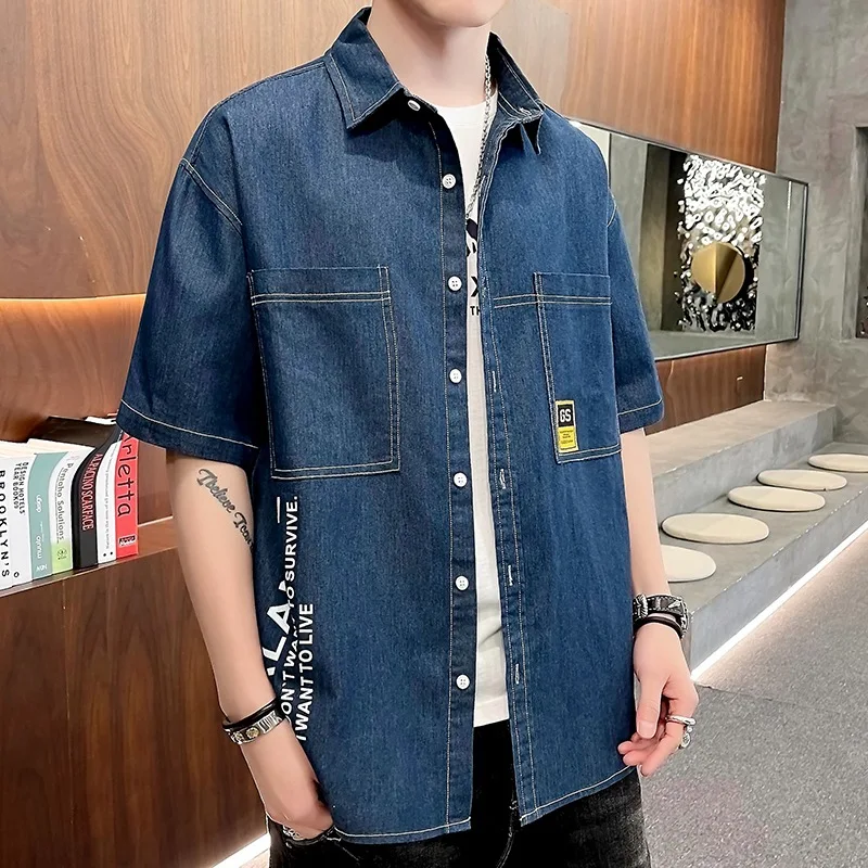 

New Style Summer High-end Soft Solid Color Short-Sleeved Cowboy Shirt Korean Youth Loose Cardigan BF Wind Trendy Men's Fashion