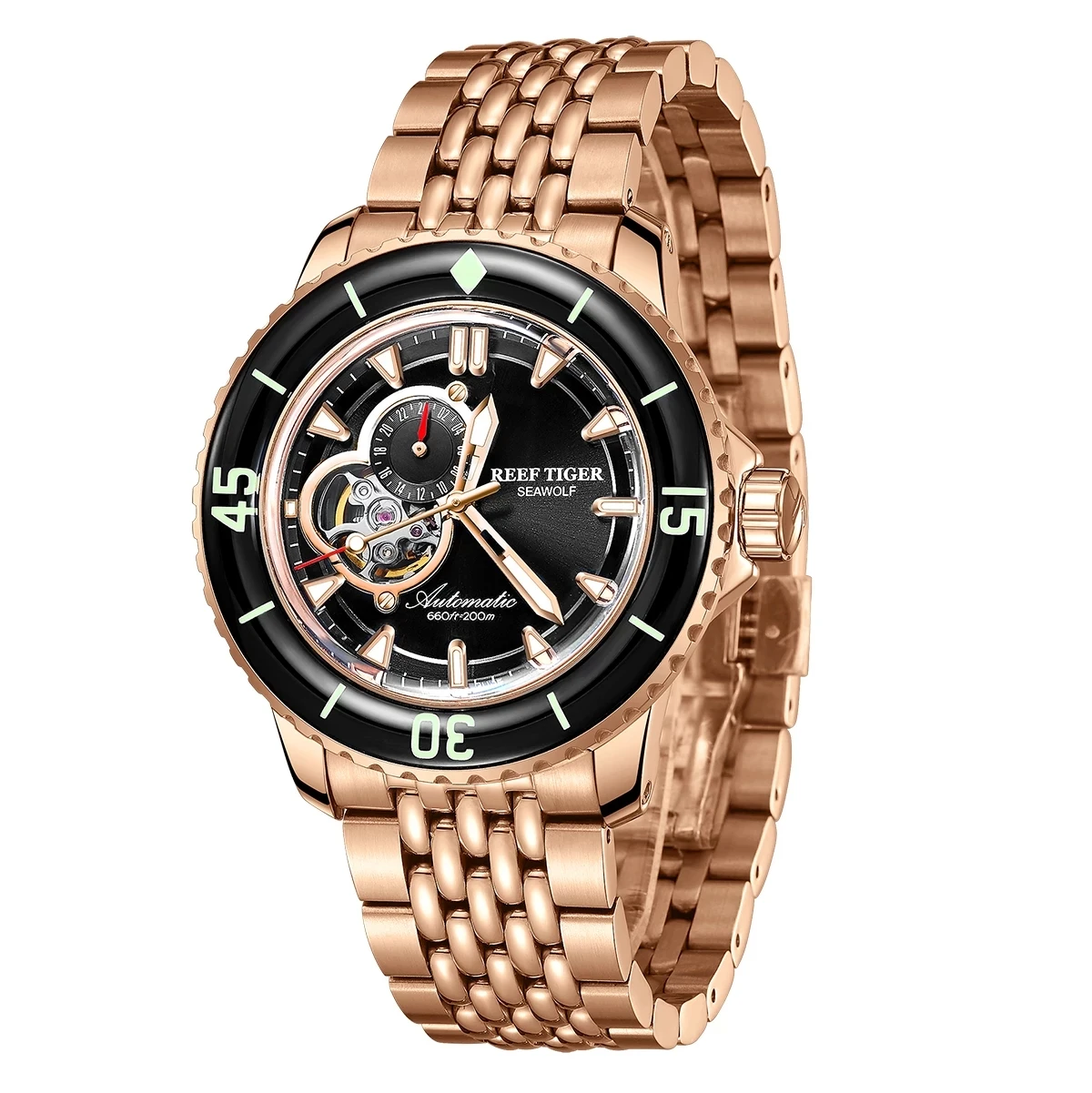 Reef Tiger/RT Luxury Dive Watch For Men Rose Gold Bracelet Automatic Watches Luminous Watch Waterproof 200m Mechanical Watches