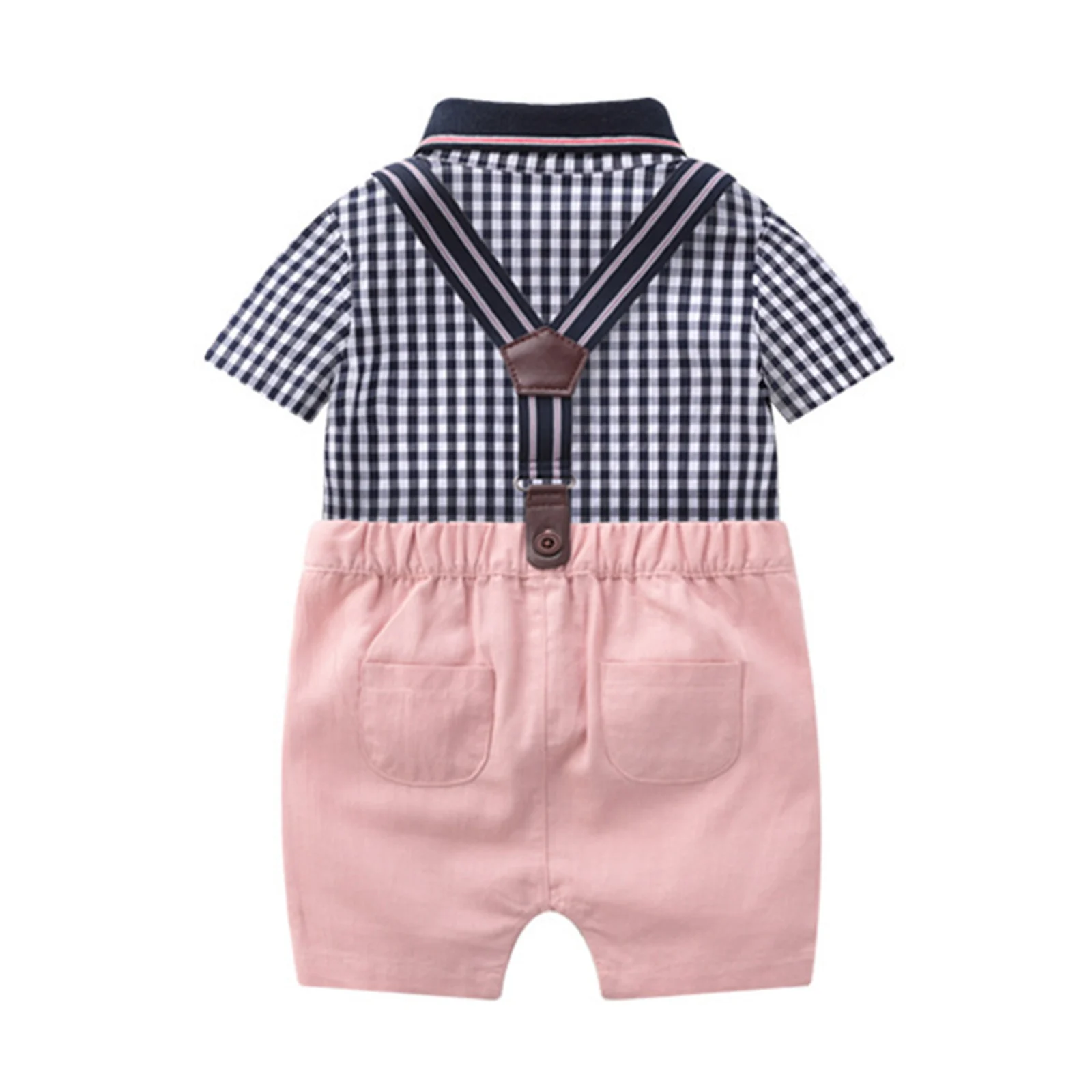 2Pcs Toddlers Boys Gentlemen Suit Short Sleeves Plaid Shirt Romper + Bib Pants Wedding Party Boy's Suits Babys Clothing Outfits