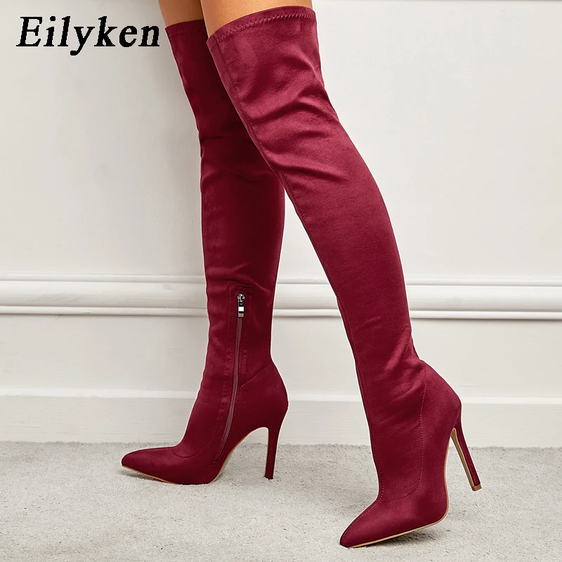 Eilyken moda punta a punta tacchi sottili donna sopra il ginocchio stivali Sexy floccato coscia alta stivaletti lunghi autunno inverno scarpe