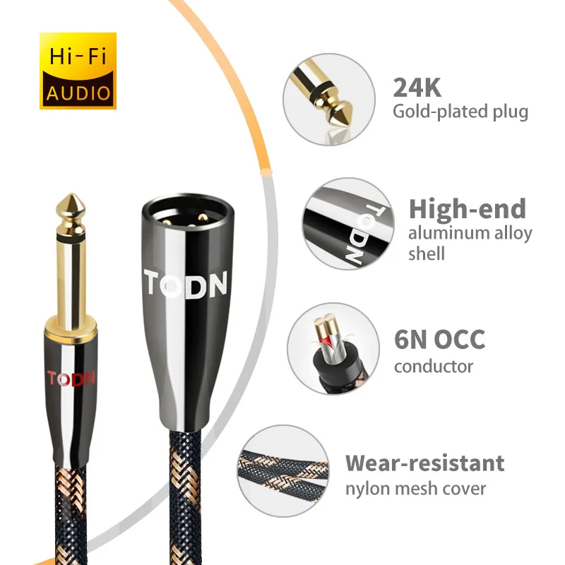 TODN HiFi cable audio AUX jack cable 6N OCC Audio XLR calble 6.5mm Mono plug to XLR plug