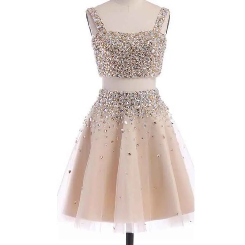 2ชิ้นแชมเปญ Homecoming Tulle แขนกุดชุดราตรีประดับด้วยลูกปัดคริสตัล A-Line Mini Party Dresses สำเร็จการศึกษาชุด