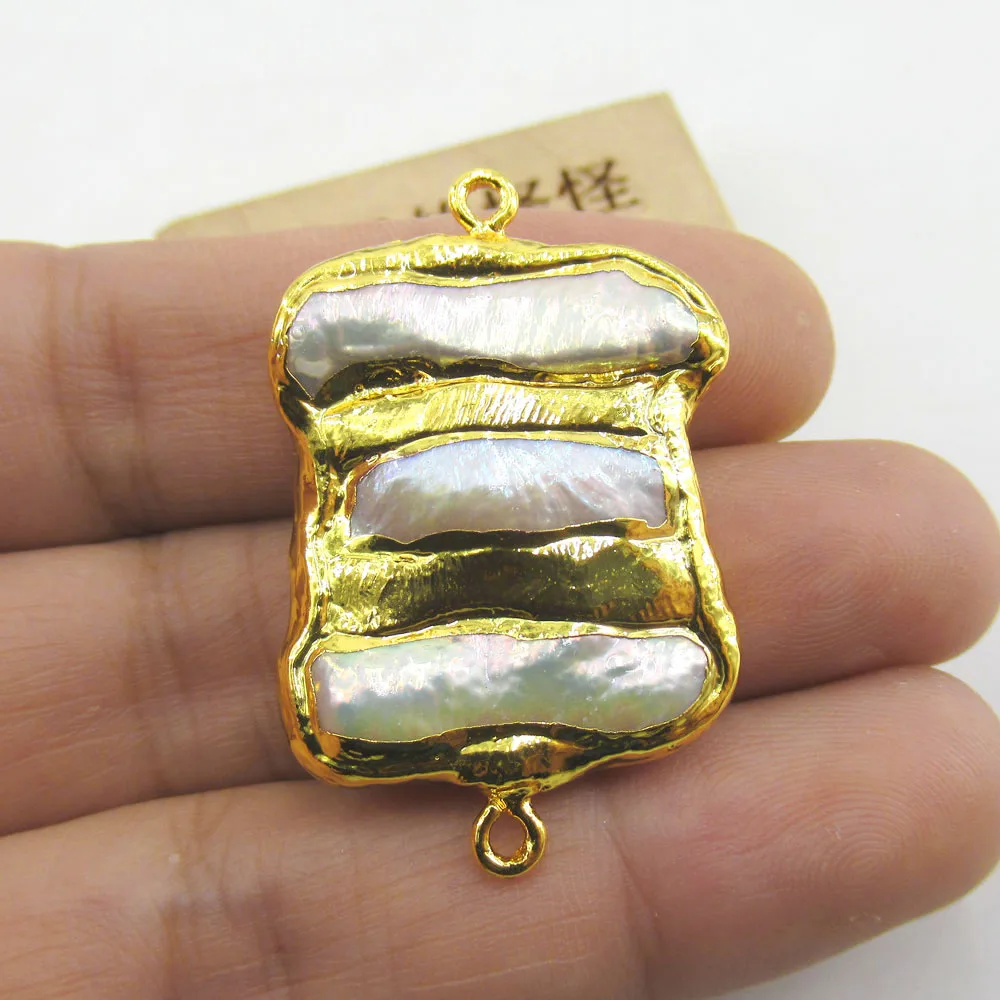 2PC Cultured White Biwa Pearl Pendant Double Ring Metal Bezel Connector Jewelry Making DIY