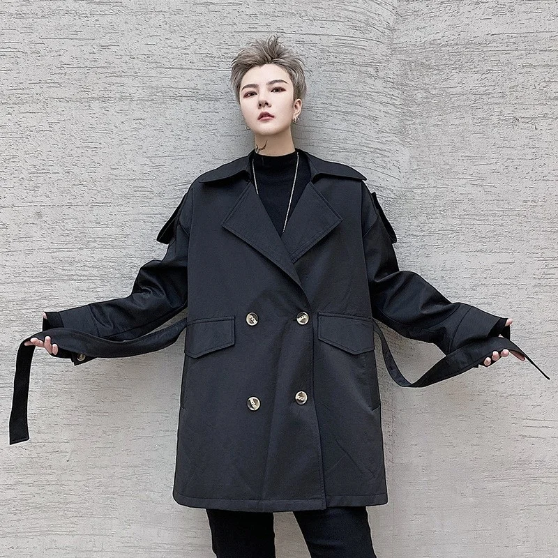 Fashion Autumn Mens Double Breasted Midi Long Trench Coat Khaki Loose Fit Belted Windbreaker Back Buttons Vintage Casual Trench