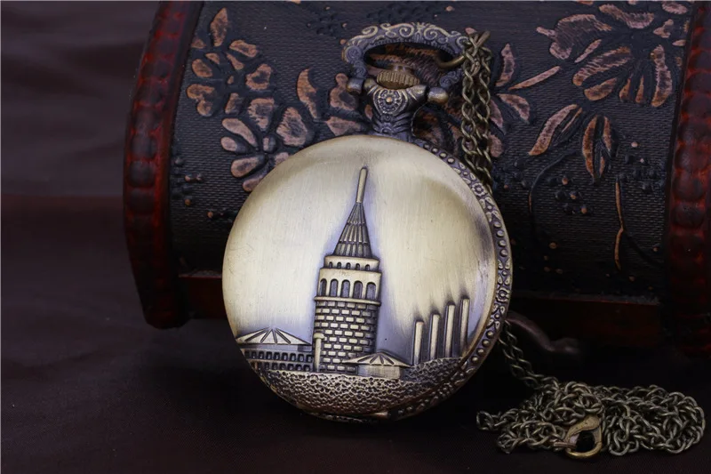 Large City Building Retro Pocket Watch Bronze Vintage Jewelry Table