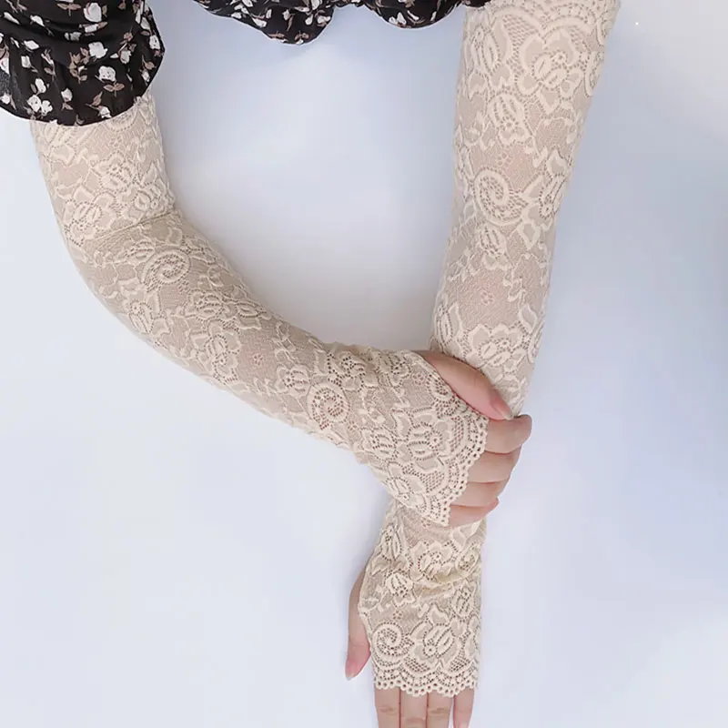 Summer Sunscreen Lace Arm Sleeve Women Arm Cover Black white Lace Long Sleeve UV Protection Arm Cuffs Fingerless Driving Gloves
