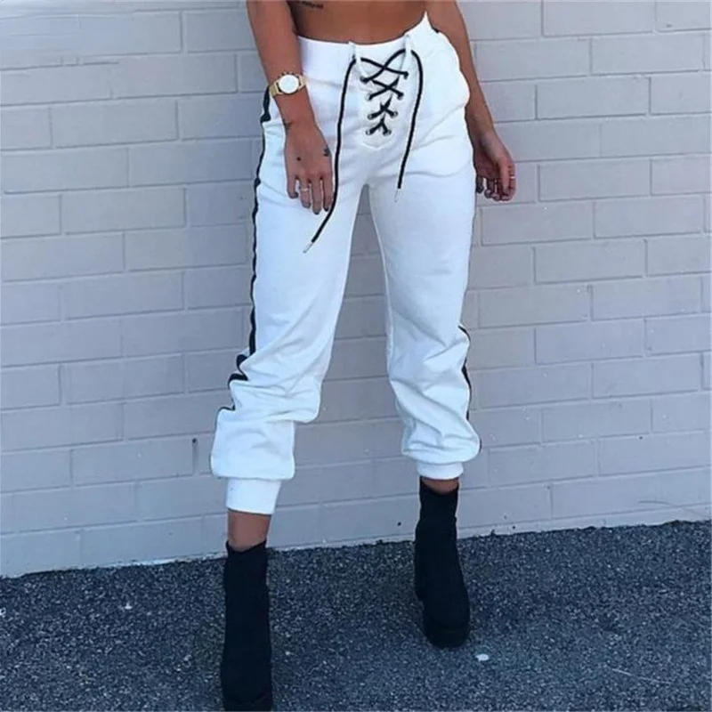 2021 moda feminina rendas até cetim de cintura alta tornozelo jogger quente menina hip-hop calças casuais soltas calças frescas bootcut